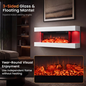3-Sided, White Wall Mount Electric WiFi Fireplace with Floating Mantel and 12 Flame Ambient Colors-40 inches view 8