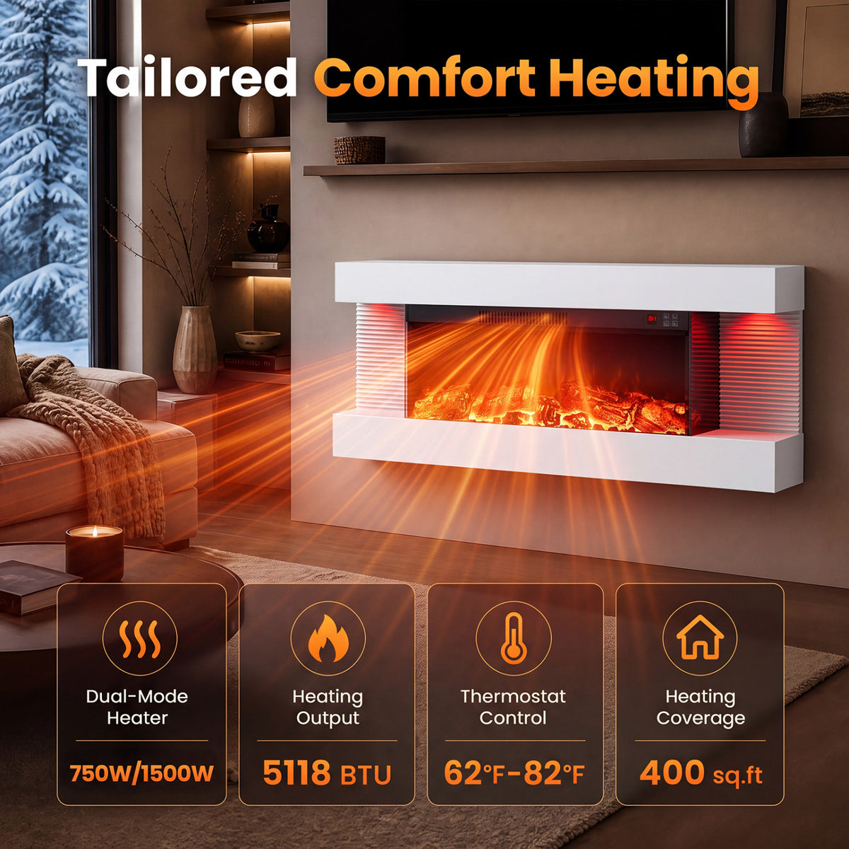 3-Sided, White Wall Mount Electric WiFi Fireplace with Floating Mantel and 12 Flame Ambient Colors-40 inches view 9