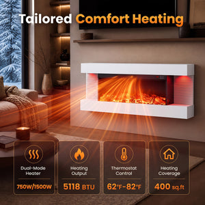 3-Sided, White Wall Mount Electric WiFi Fireplace with Floating Mantel and 12 Flame Ambient Colors-40 inches view 9