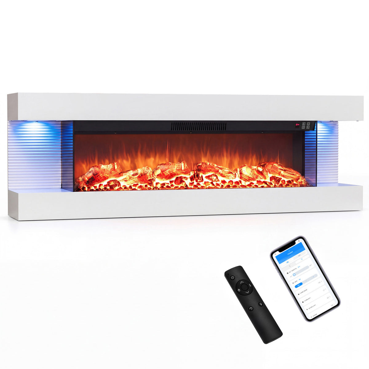 3-Sided, White Wall Mount Electric WiFi Fireplace with Floating Mantel and 12 Flame Ambient Colors-50 inches