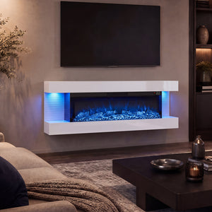 3-Sided, White Wall Mount Electric WiFi Fireplace with Floating Mantel and 12 Flame Ambient Colors-50 inches view 3
