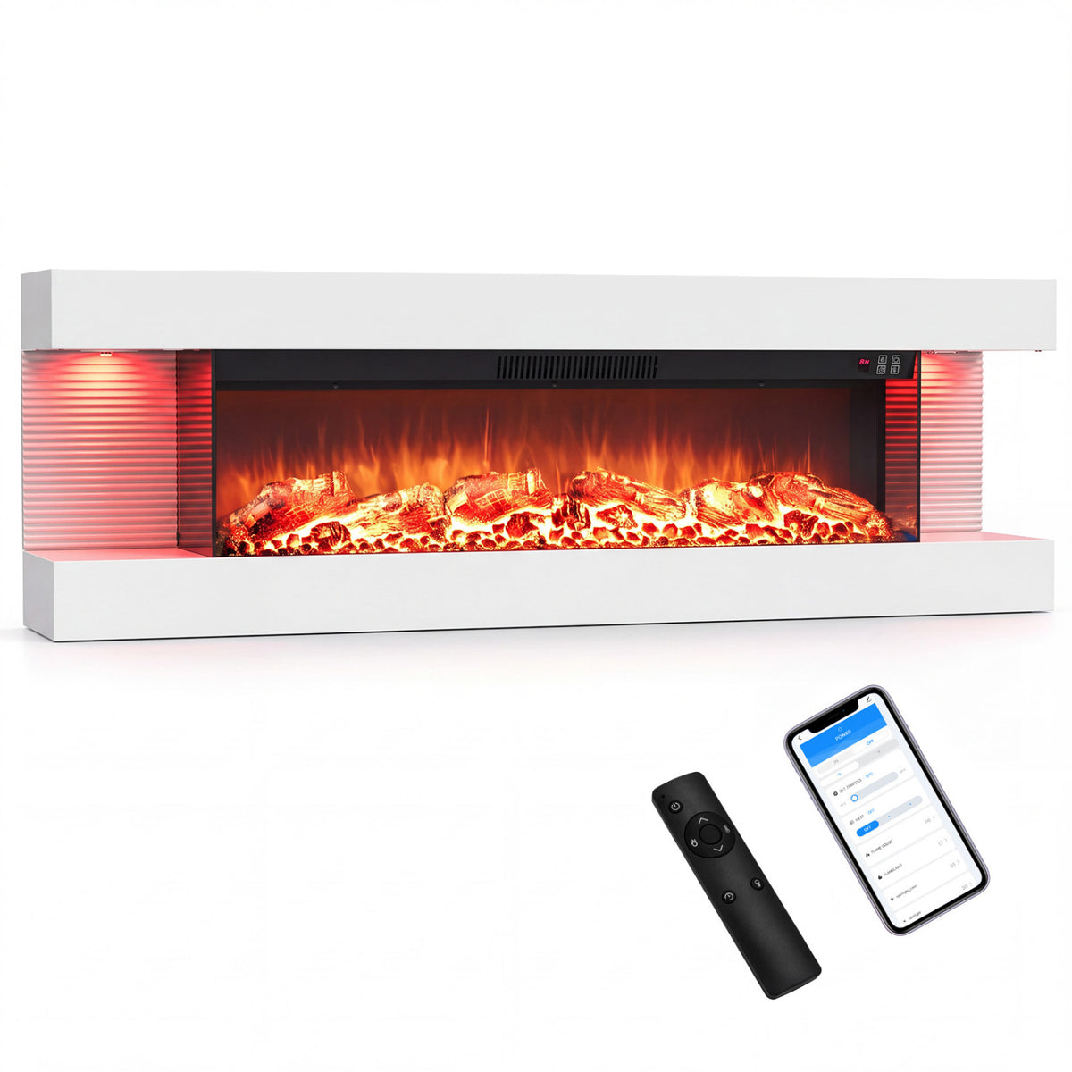 3-Sided, White Wall Mount Electric WiFi Fireplace with Floating Mantel and 12 Flame Ambient Colors-50 inches view 4