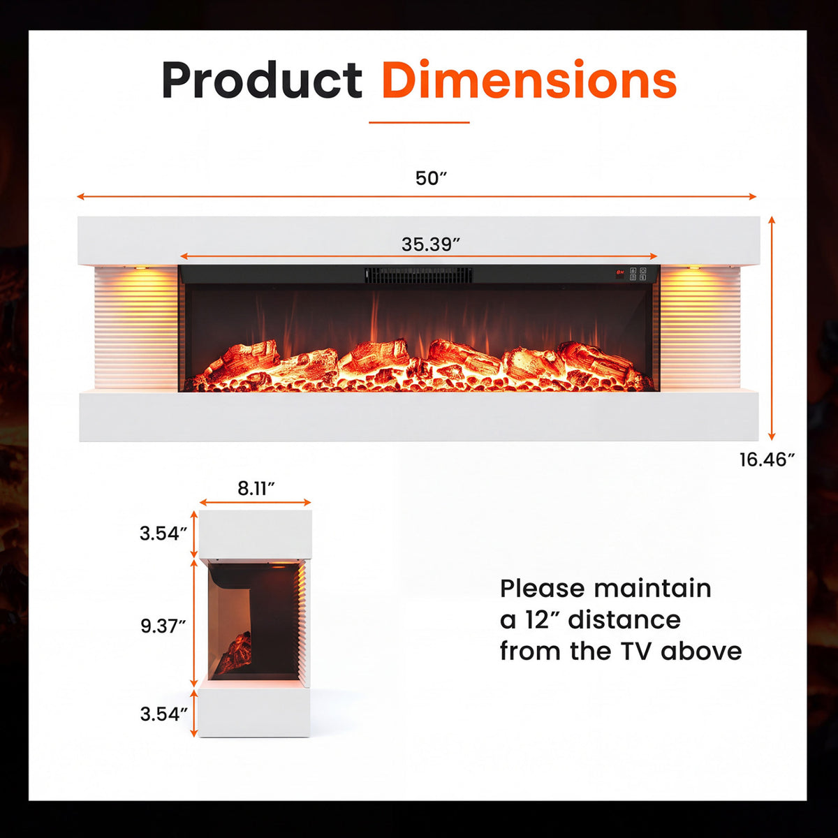 3-Sided, White Wall Mount Electric WiFi Fireplace with Floating Mantel and 12 Flame Ambient Colors-50 inches view 5