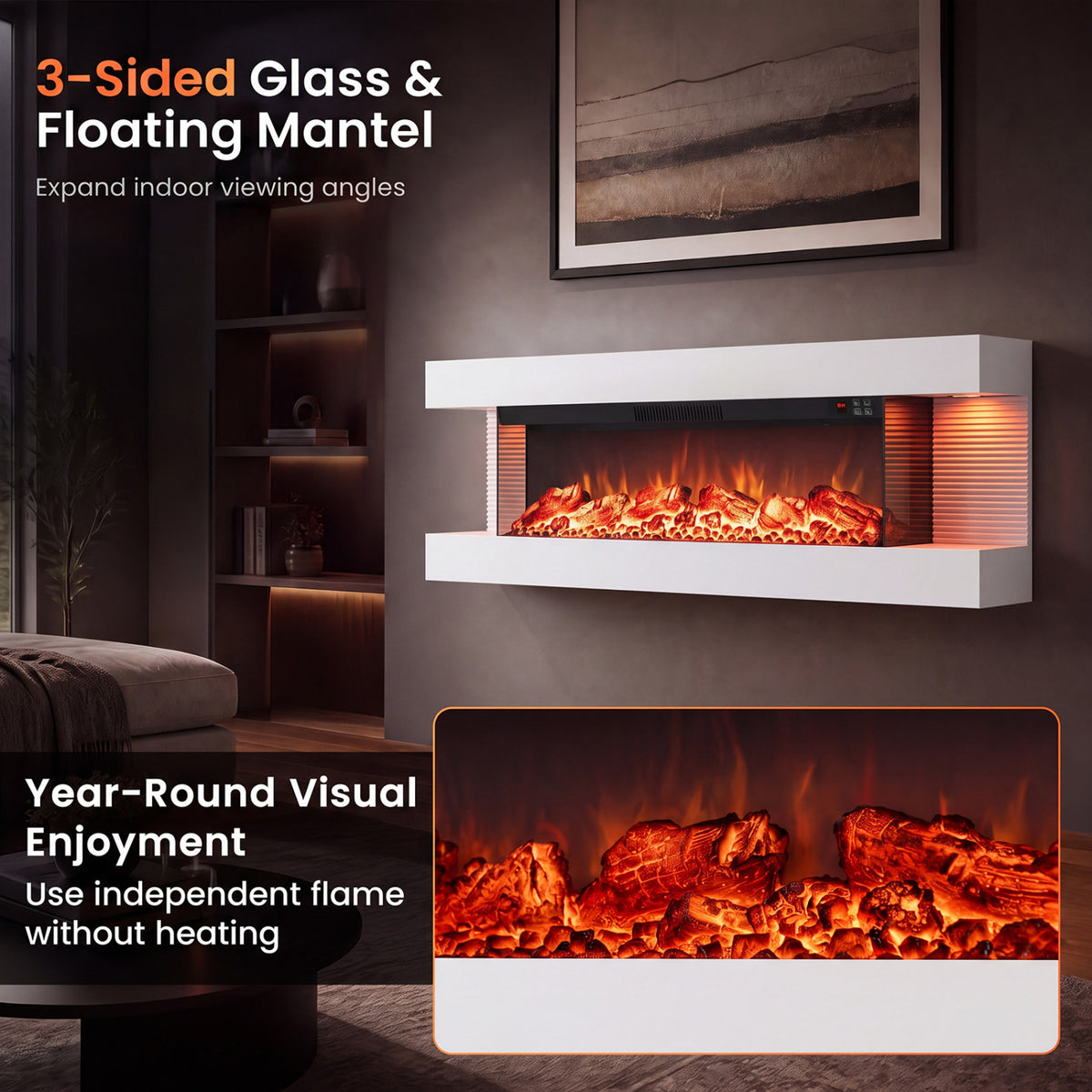 3-Sided, White Wall Mount Electric WiFi Fireplace with Floating Mantel and 12 Flame Ambient Colors-50 inches view 8
