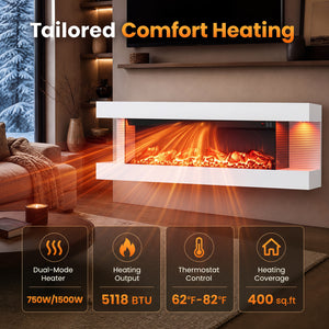 3-Sided, White Wall Mount Electric WiFi Fireplace with Floating Mantel and 12 Flame Ambient Colors-50 inches view 9