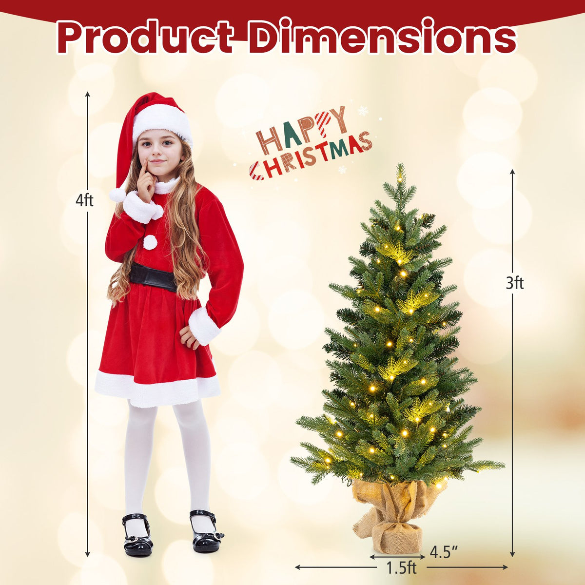 3 Feet Mini Pre-Lit Artificial Christmas Tree Tabletop Xmas Tree with Burlap Base view 5