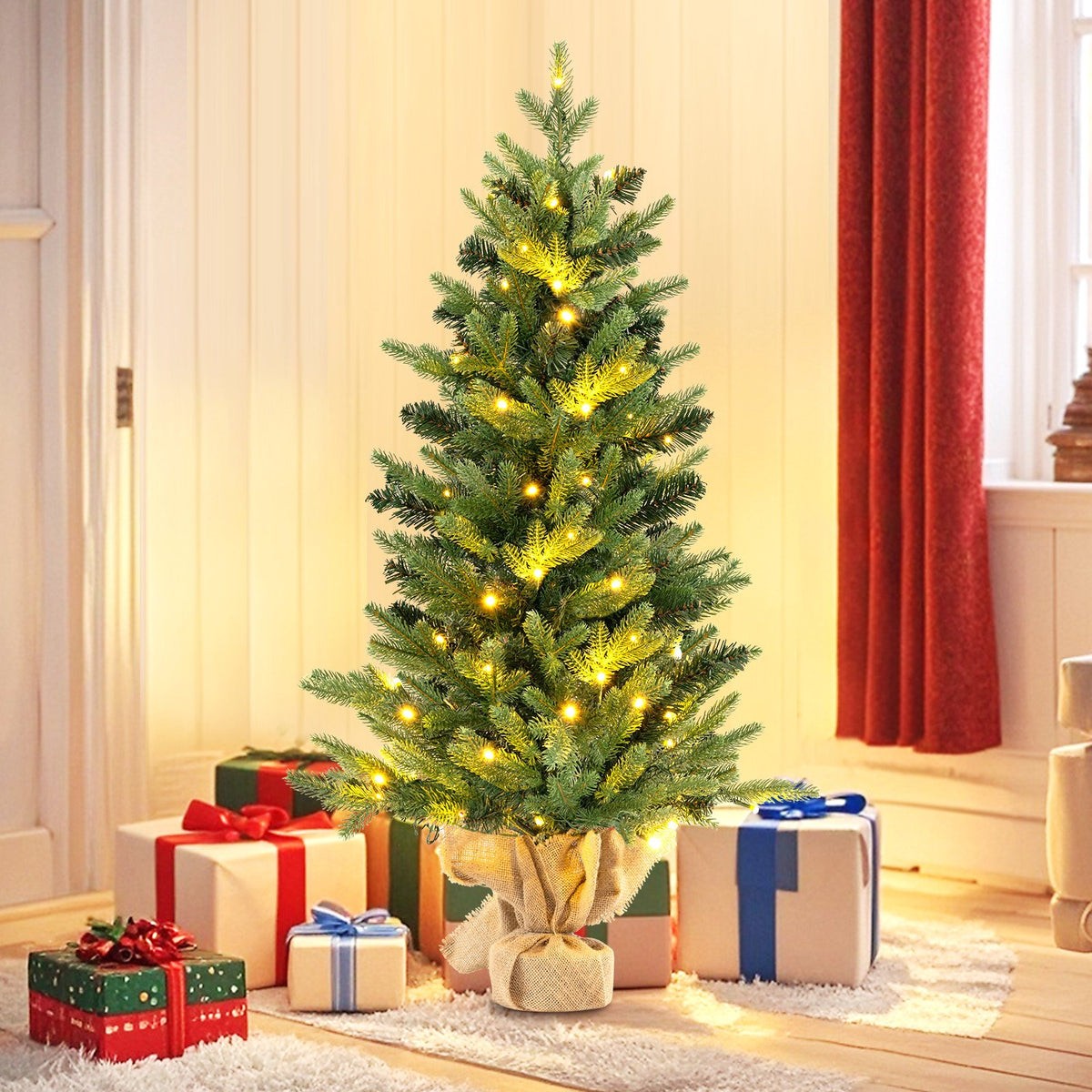 3 Feet Mini Pre-Lit Artificial Christmas Tree Tabletop Xmas Tree with Burlap Base view 6