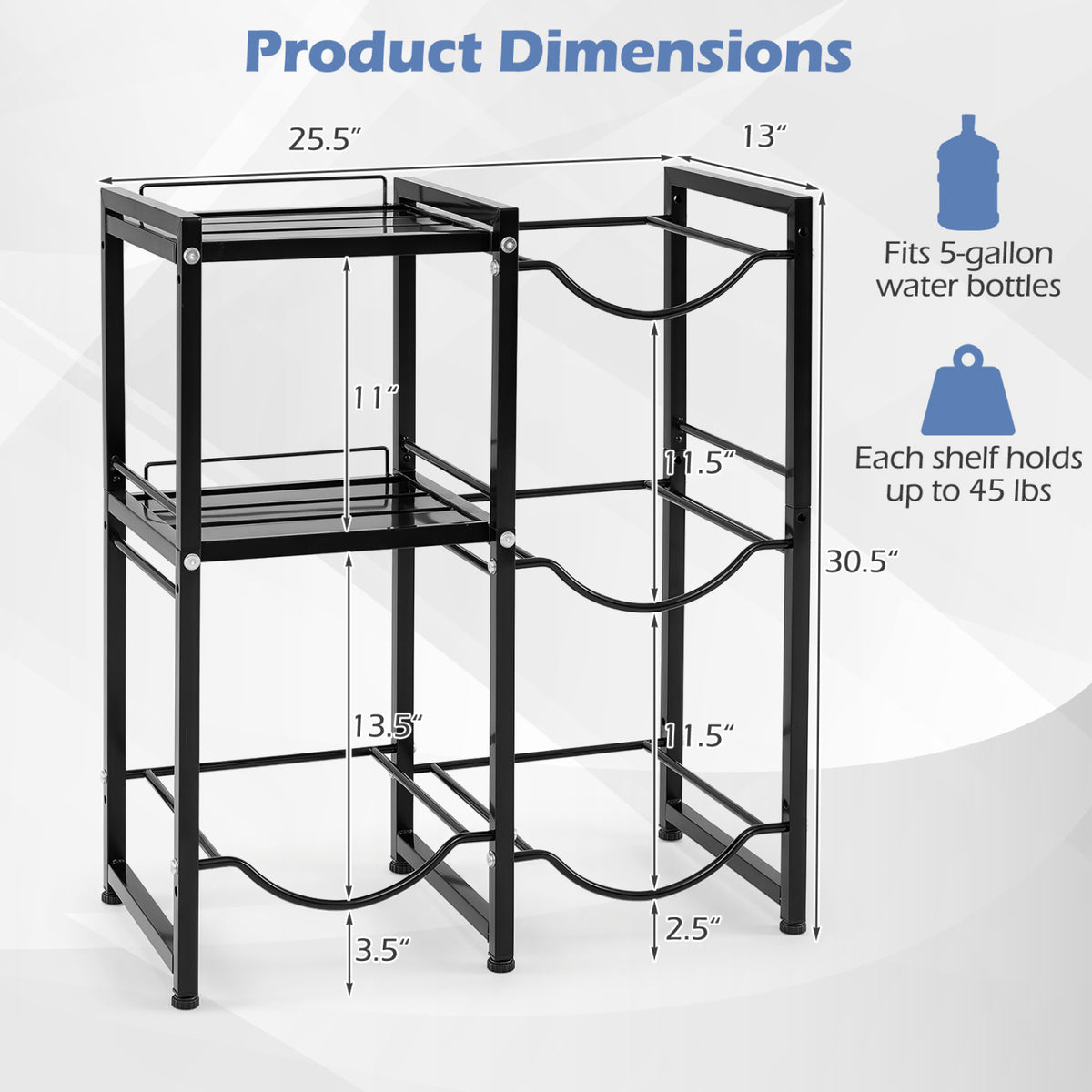 3-Tier 5 Gallon Water Jug Holder with Shelves-Black view 5