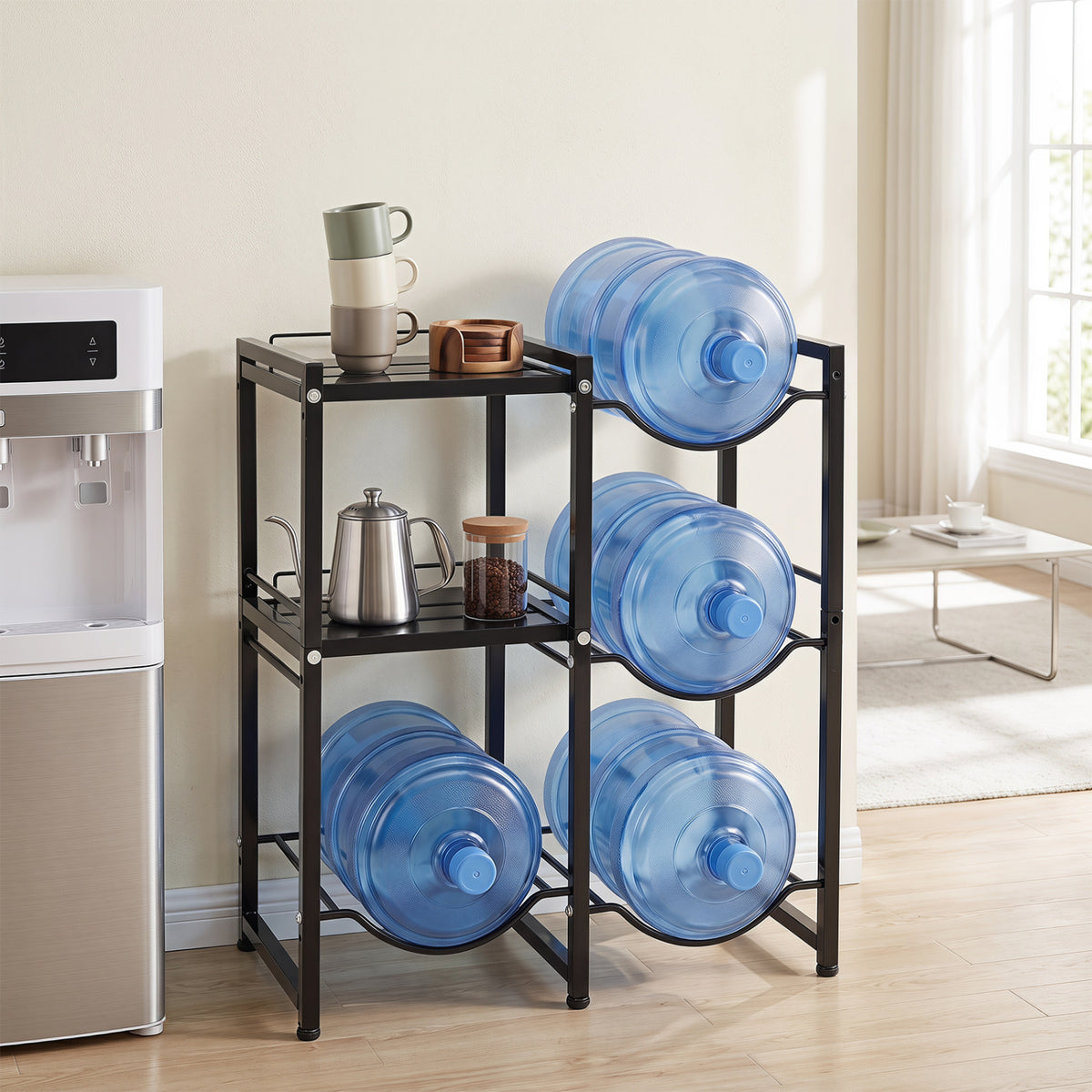 3-Tier 5 Gallon Water Jug Holder with Shelves-Black view 6