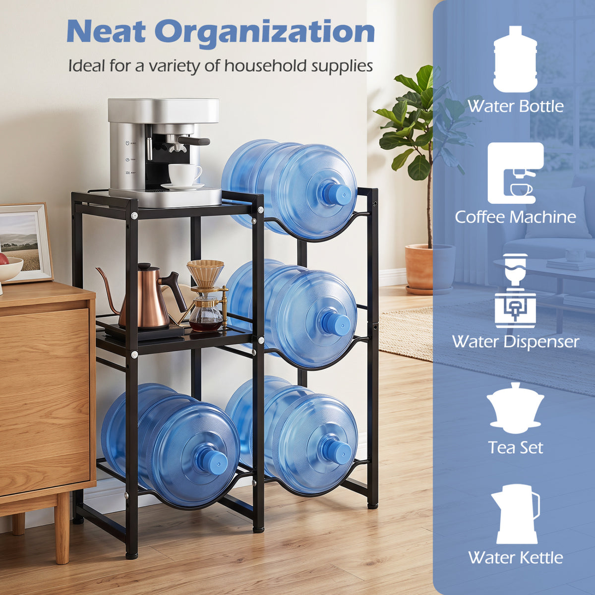 3-Tier 5 Gallon Water Jug Holder with Shelves-Black view 8