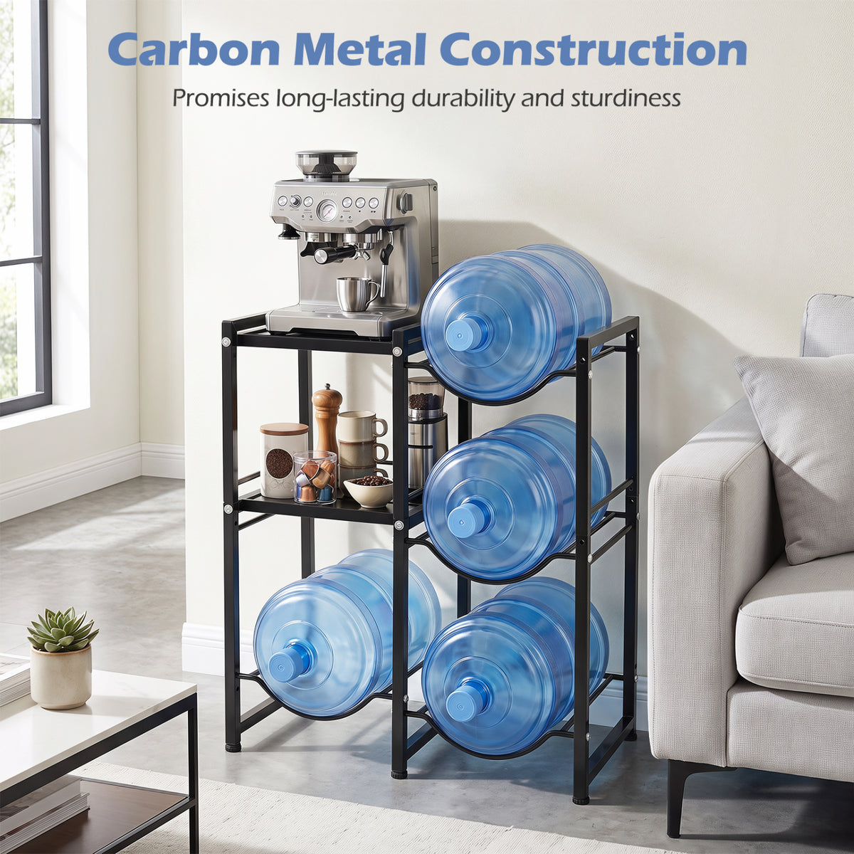 3-Tier 5 Gallon Water Jug Holder with Shelves-Black view 9