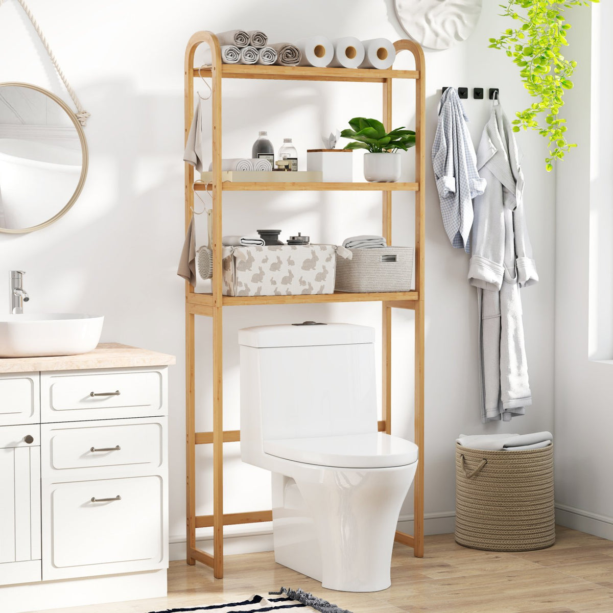 3-Tier Bamboo Bathroom Floor Organizer with 5-Position Shelves and 3 Hooks-Natural view 2