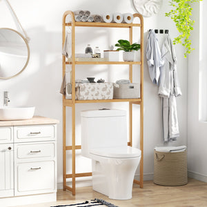 3-Tier Bamboo Bathroom Floor Organizer with 5-Position Shelves and 3 Hooks-Natural view 2