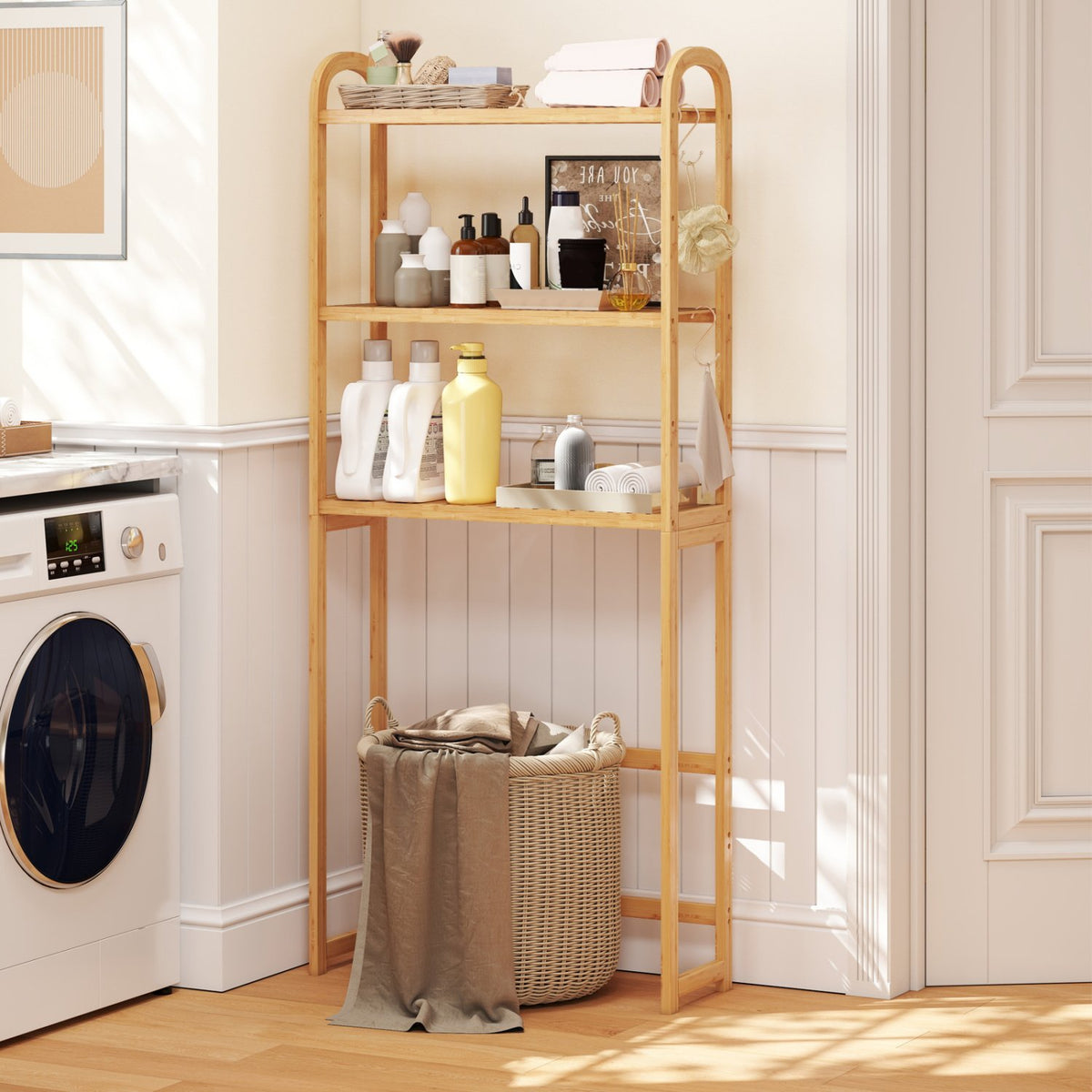 3-Tier Bamboo Bathroom Floor Organizer with 5-Position Shelves and 3 Hooks-Natural view 3