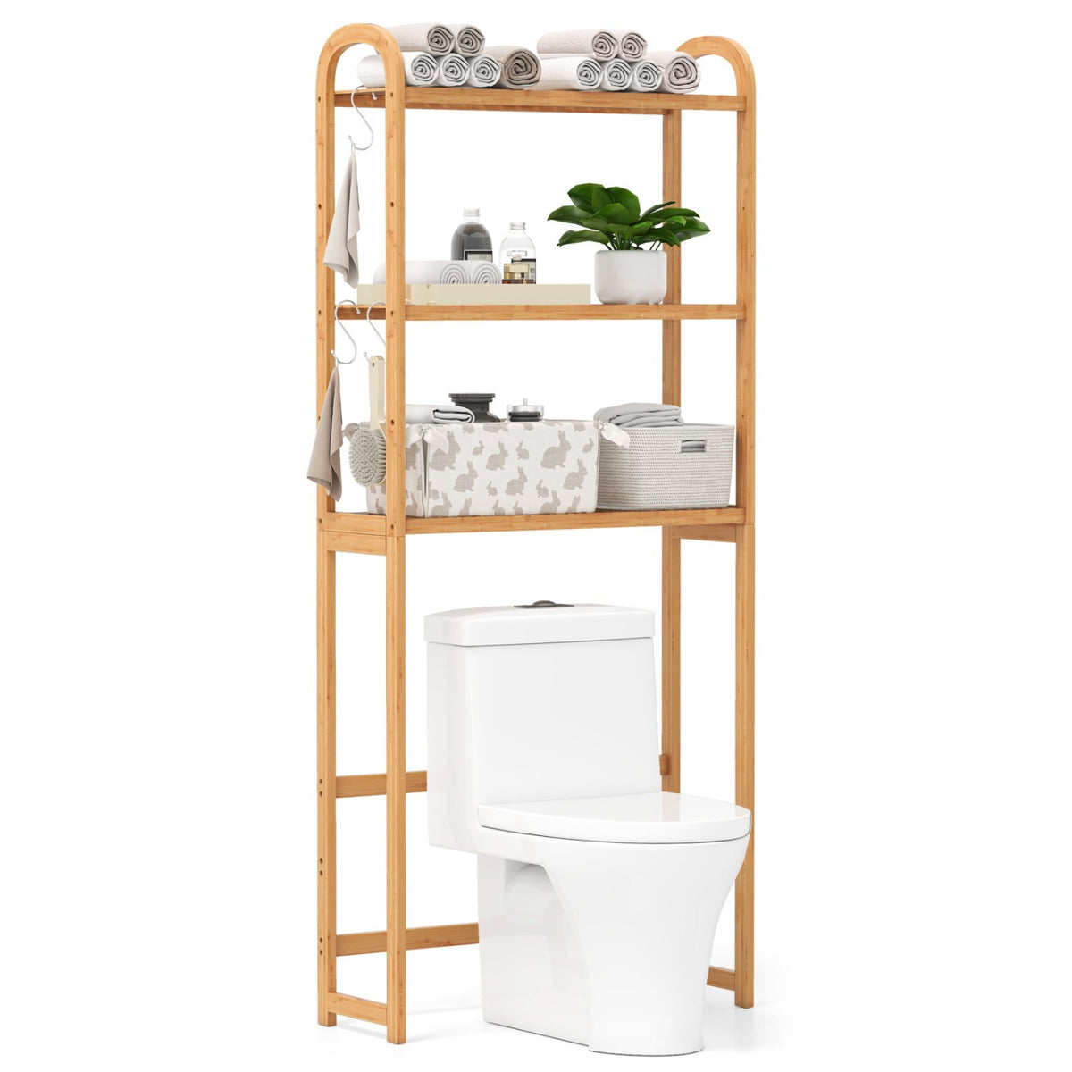 3-Tier Bamboo Bathroom Floor Organizer with 5-Position Shelves and 3 Hooks-Natural view 4