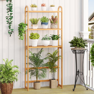 3-Tier Bamboo Bathroom Floor Organizer with 5-Position Shelves and 3 Hooks-Natural view 6
