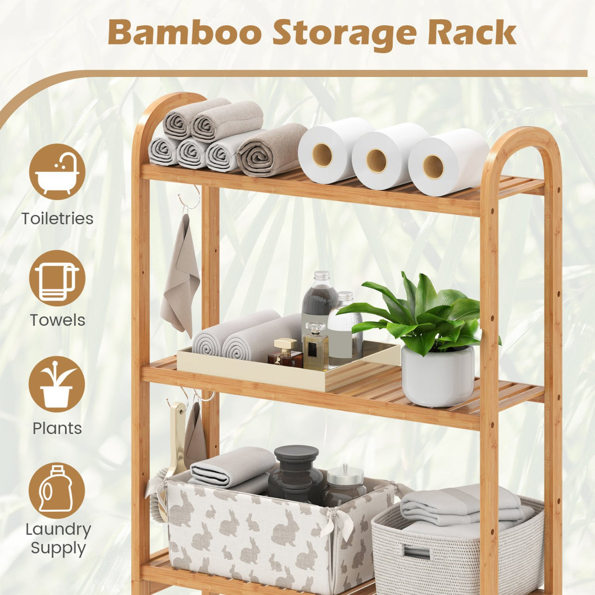 3-Tier Bamboo Bathroom Floor Organizer with 5-Position Shelves and 3 Hooks-Natural view 7