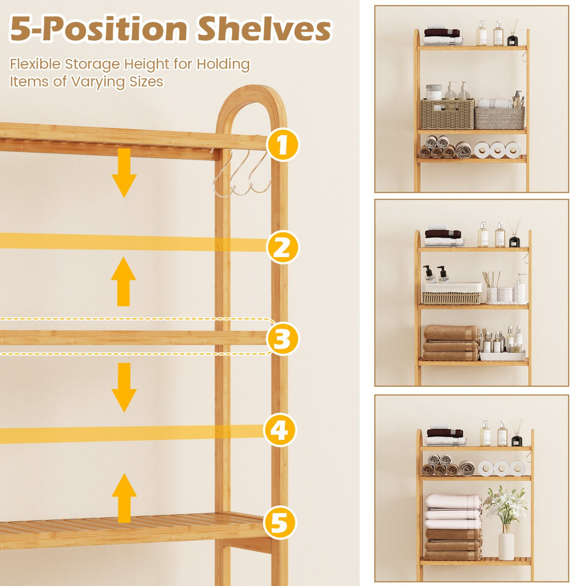 3-Tier Bamboo Bathroom Floor Organizer with 5-Position Shelves and 3 Hooks-Natural view 8