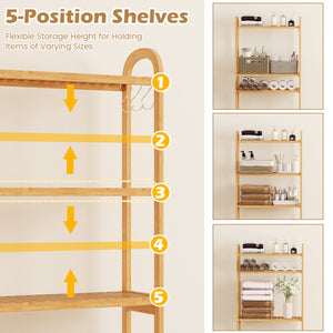 3-Tier Bamboo Bathroom Floor Organizer with 5-Position Shelves and 3 Hooks-Natural view 8