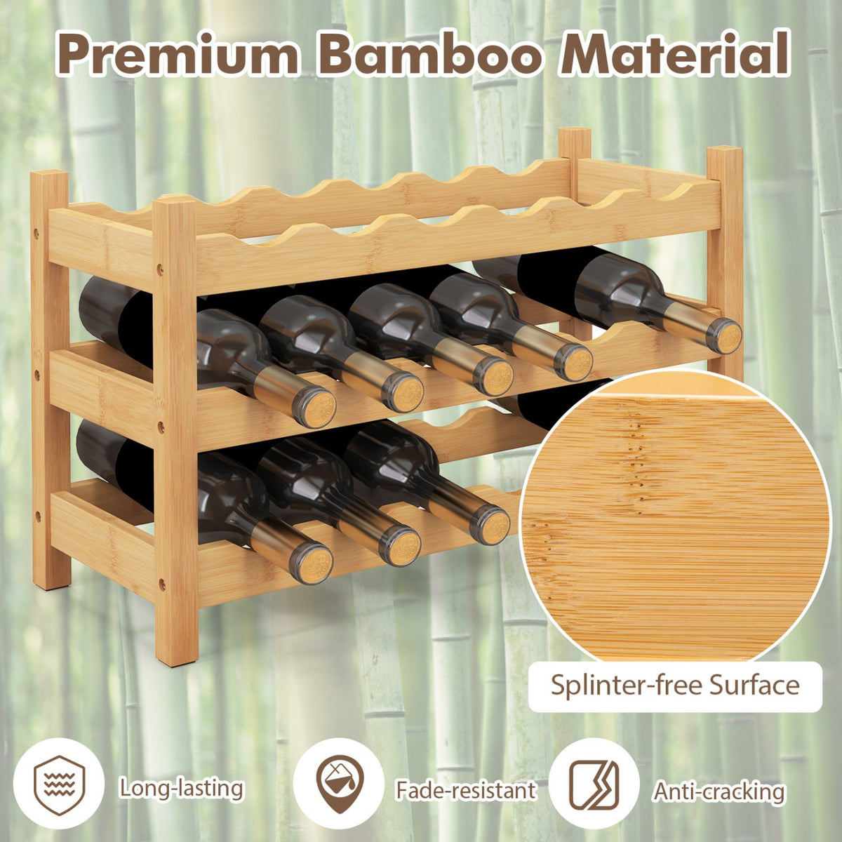 3-Tier Bamboo Freestanding Countertop Wine Bottle Organizer-Natural view 6