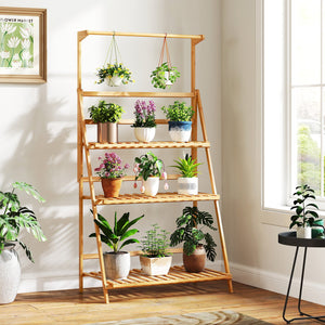 3 Tier Bamboo Hanging Plant Stand with Height Adjustable Hanger Rod-Natural view 2