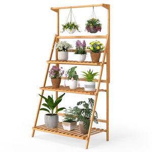 3 Tier Bamboo Hanging Plant Stand with Height Adjustable Hanger Rod-Natural view 3