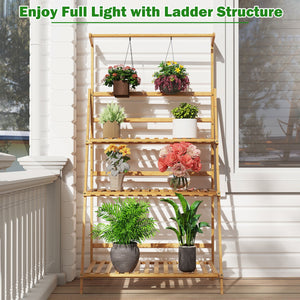 3 Tier Bamboo Hanging Plant Stand with Height Adjustable Hanger Rod-Natural view 5