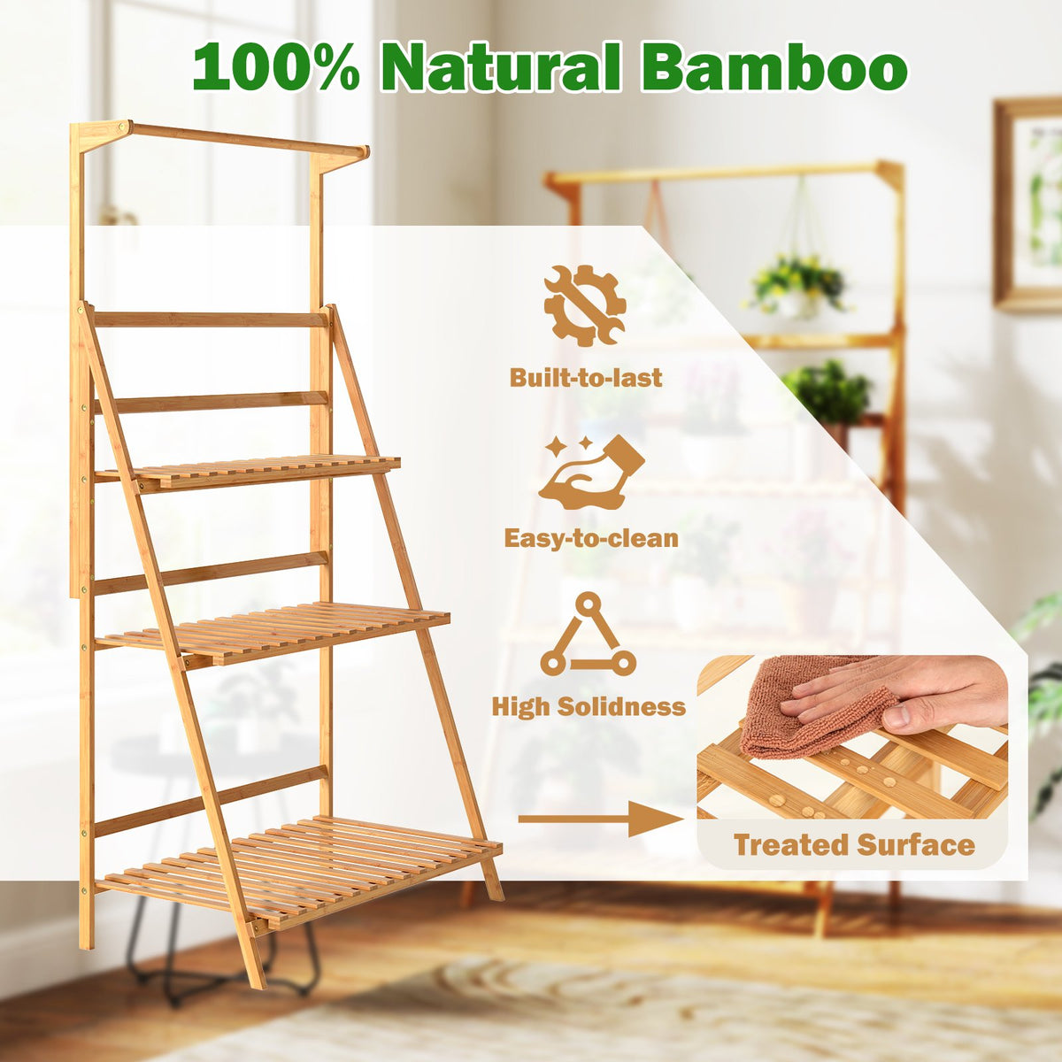 3 Tier Bamboo Hanging Plant Stand with Height Adjustable Hanger Rod-Natural view 6
