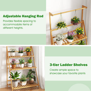 3 Tier Bamboo Hanging Plant Stand with Height Adjustable Hanger Rod-Natural view 7