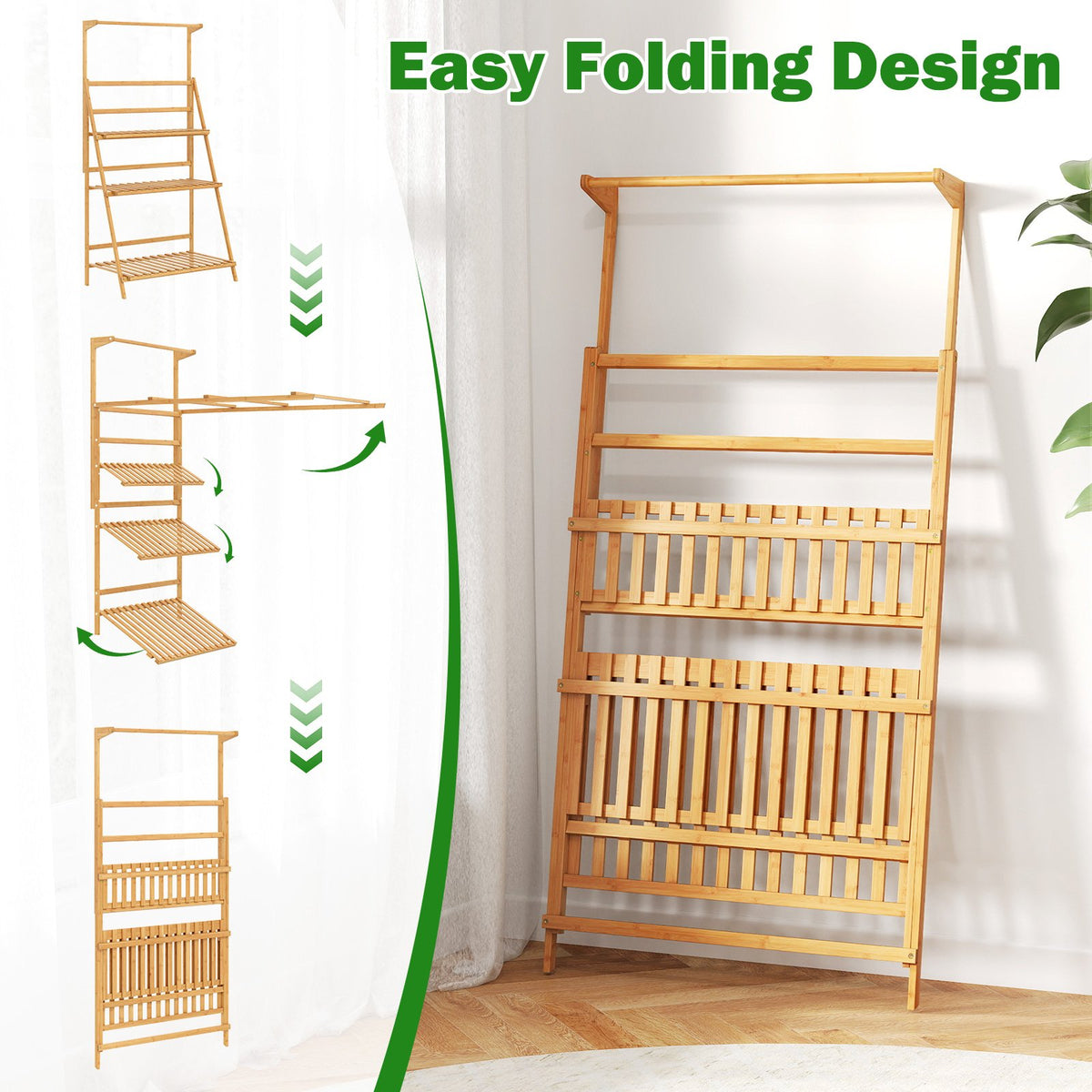 3 Tier Bamboo Hanging Plant Stand with Height Adjustable Hanger Rod-Natural view 8