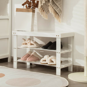 3-Tier Bamboo Shoe Bench Holds up to 6 Pairs for Entry-White view 2