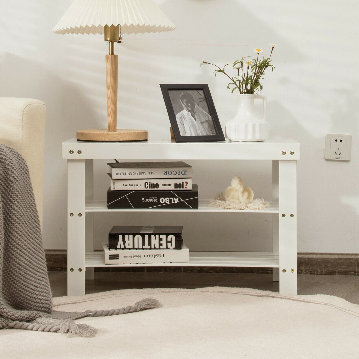 3-Tier Bamboo Shoe Bench Holds up to 6 Pairs for Entry-White view 3