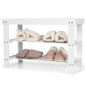 3-Tier Bamboo Shoe Bench Holds up to 6 Pairs for Entry-White view 4