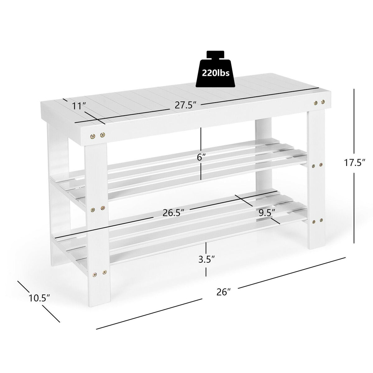 3-Tier Bamboo Shoe Bench Holds up to 6 Pairs for Entry-White view 5