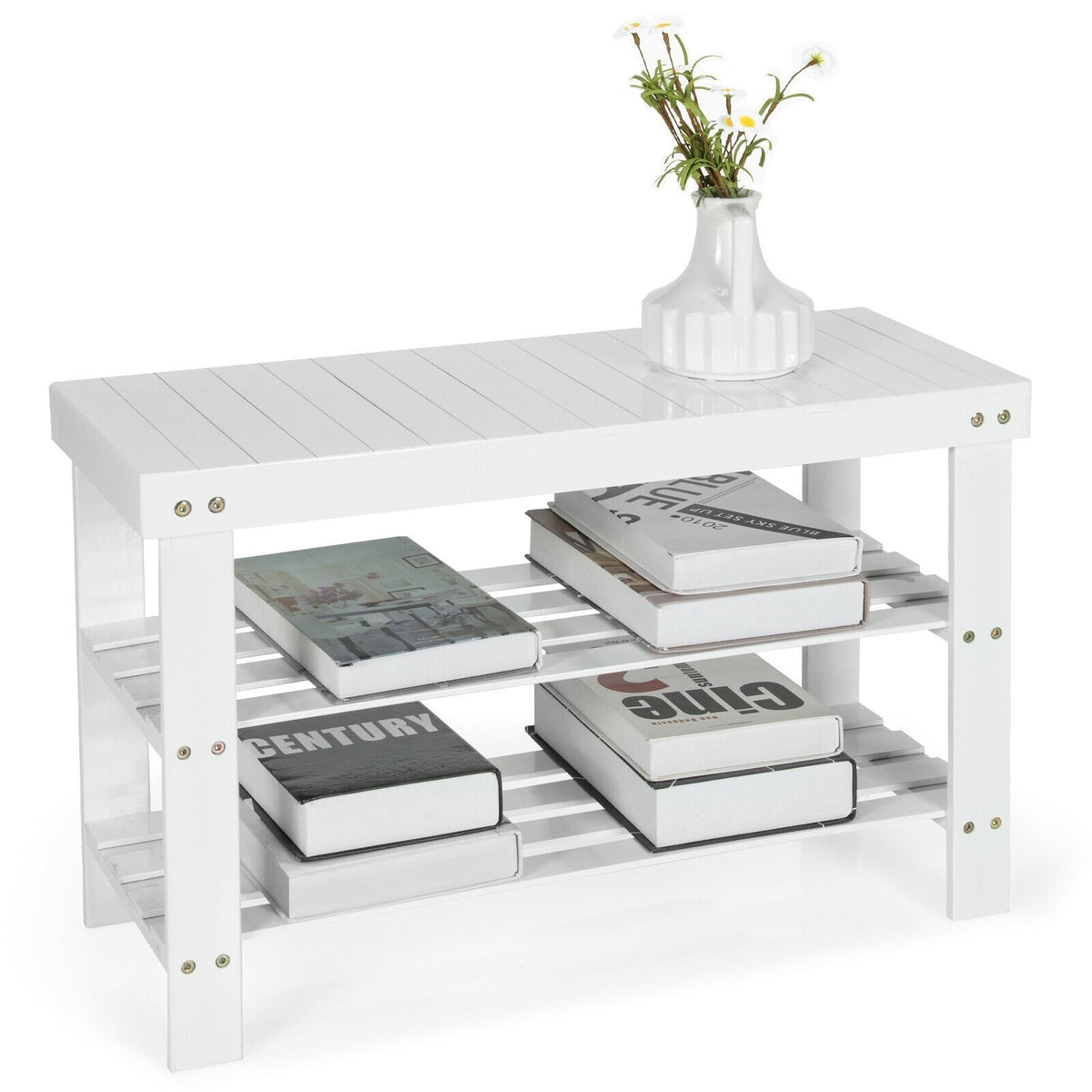 3-Tier Bamboo Shoe Bench Holds up to 6 Pairs for Entry-White view 6