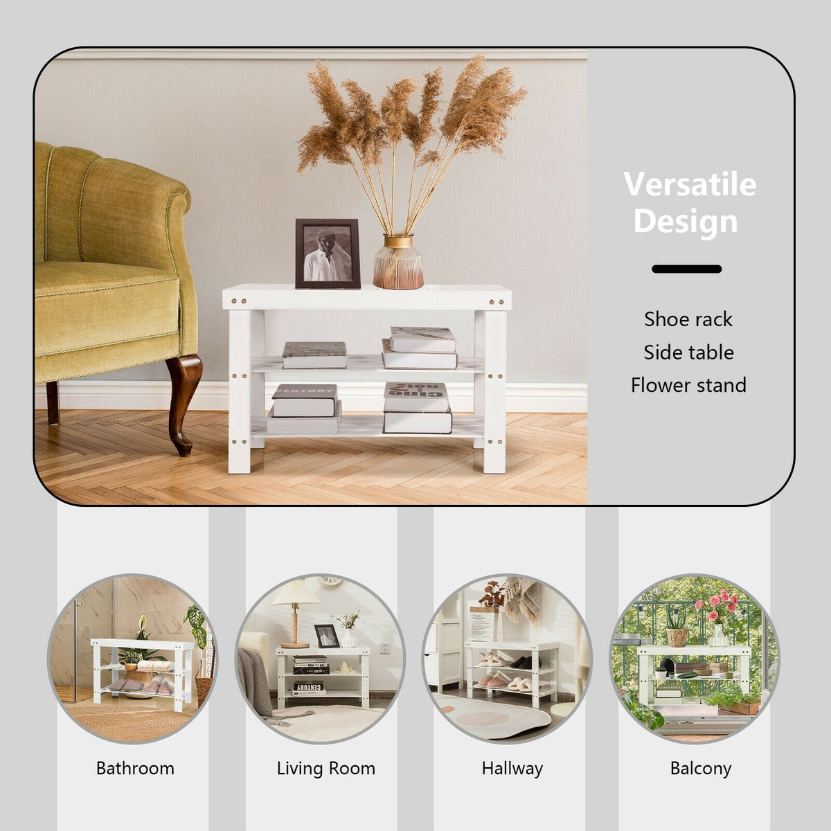 3-Tier Bamboo Shoe Bench Holds up to 6 Pairs for Entry-White view 7
