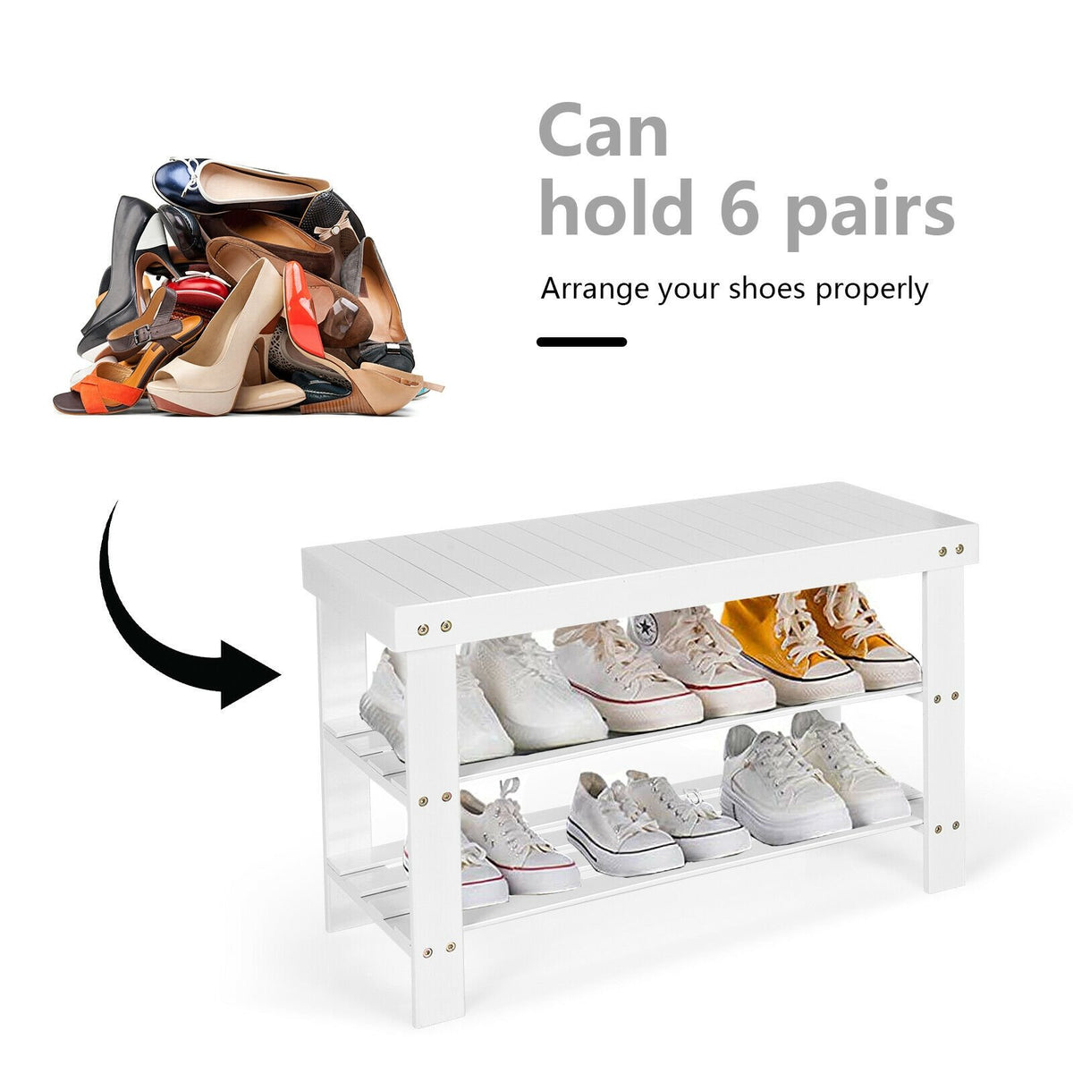 3-Tier Bamboo Shoe Bench Holds up to 6 Pairs for Entry-White view 8