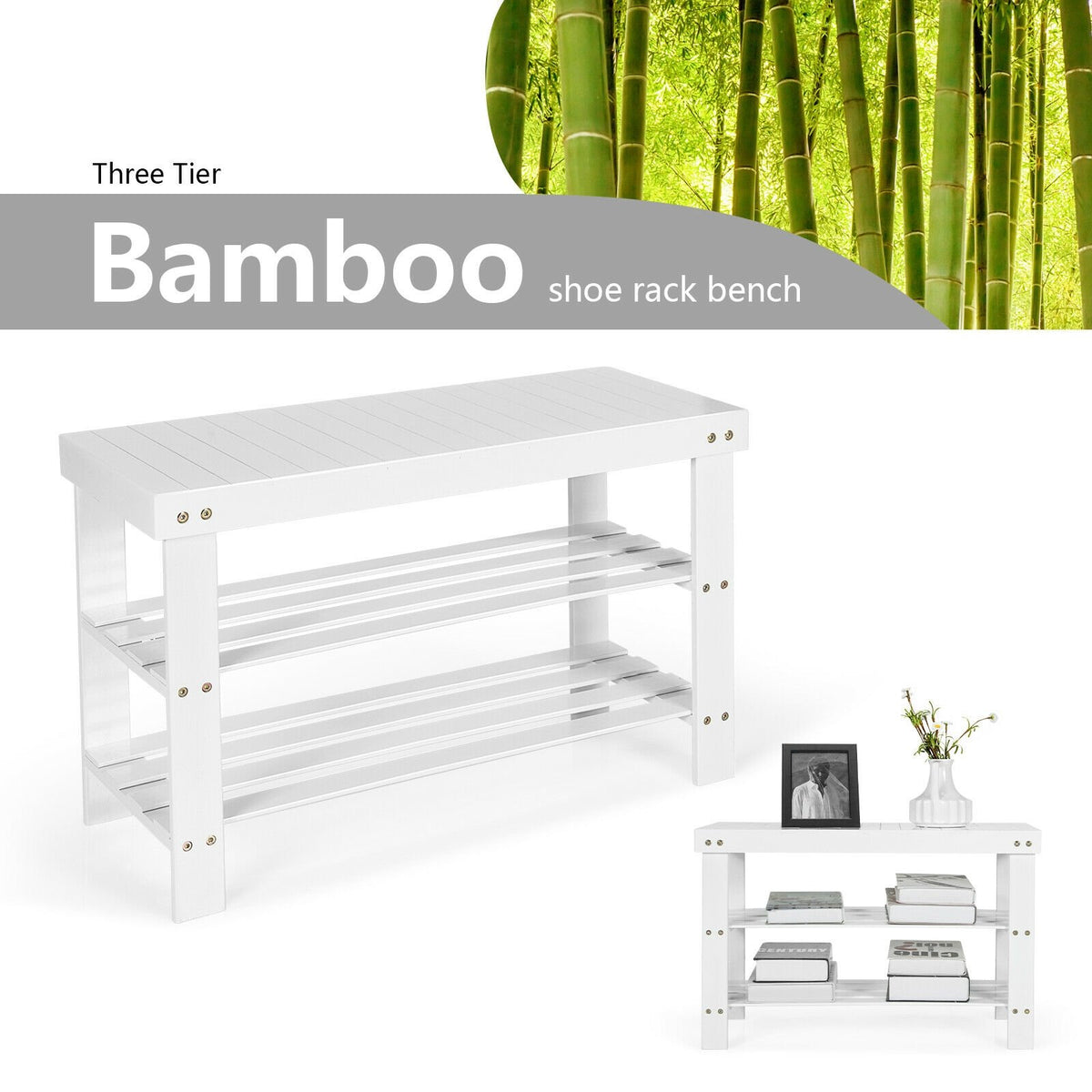 3-Tier Bamboo Shoe Bench Holds up to 6 Pairs for Entry-White view 9