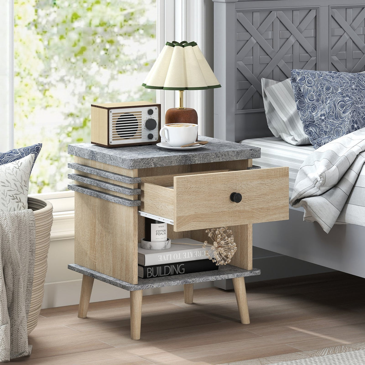 3-Tier Bedside Table Nightstand with Antique Grey Faux Marble Top-Grey view 3