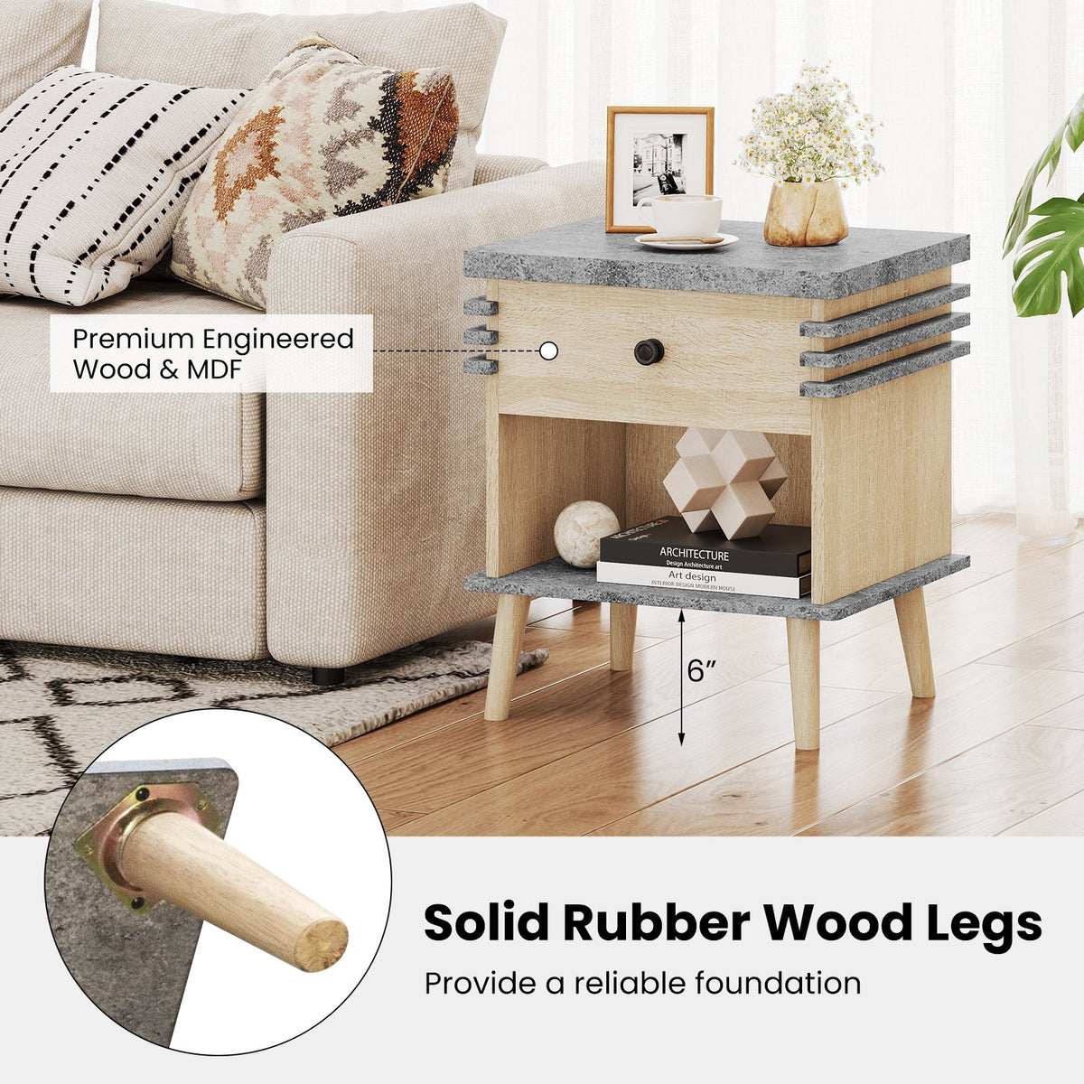 3-Tier Bedside Table Nightstand with Antique Grey Faux Marble Top-Grey view 8