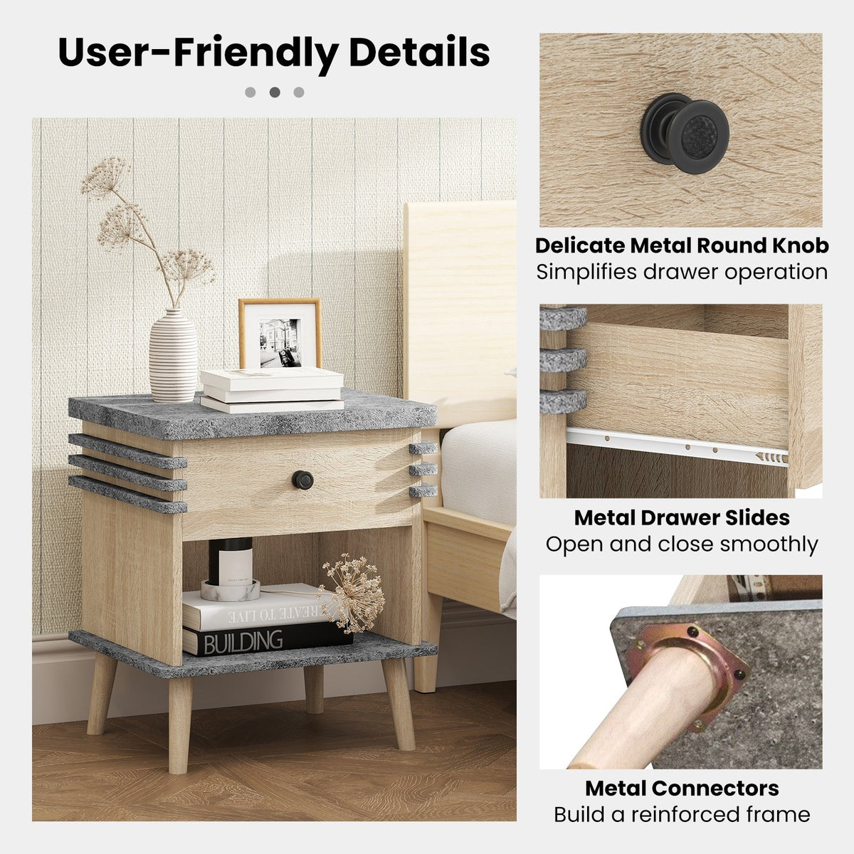 3-Tier Bedside Table Nightstand with Antique Grey Faux Marble Top-Grey view 9