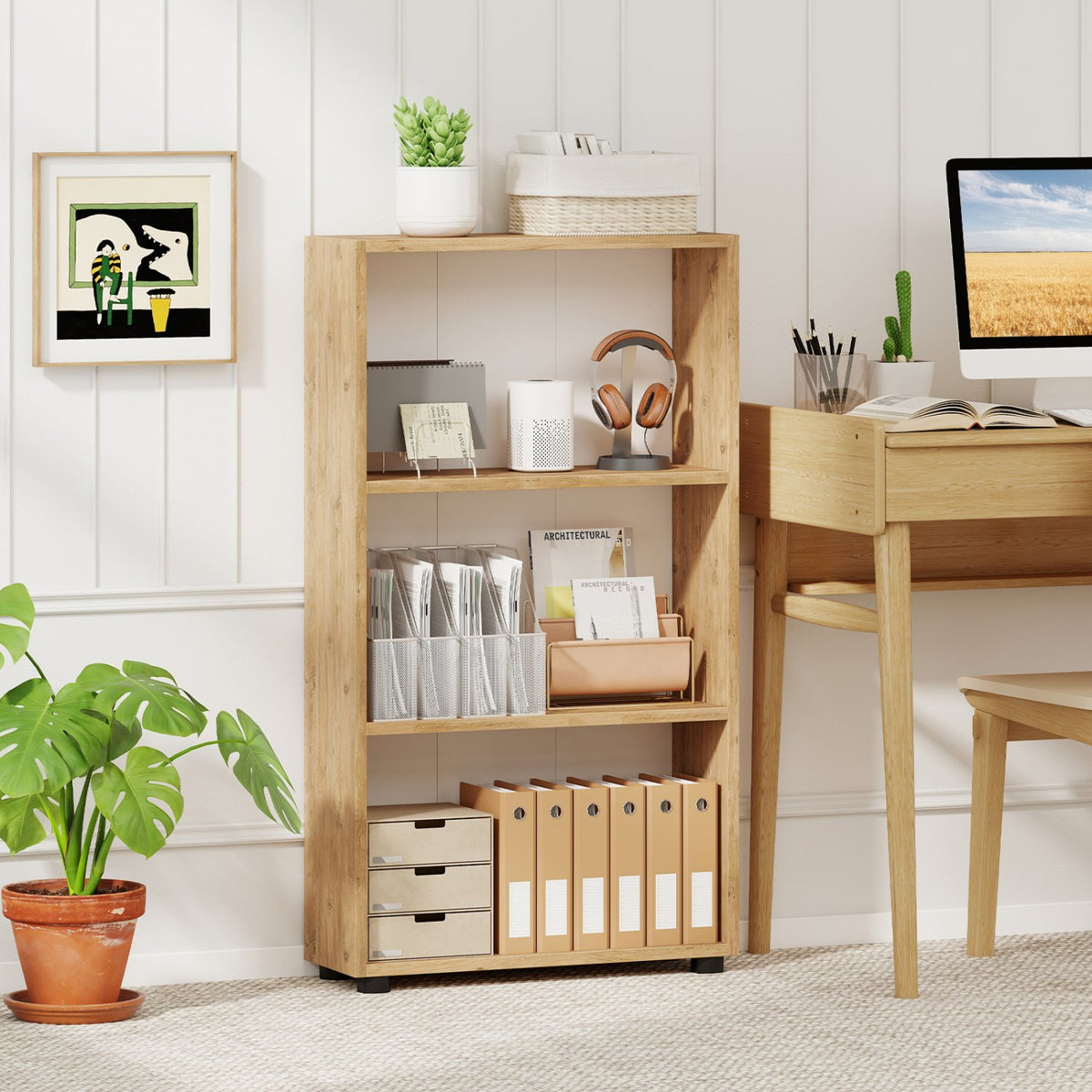 3-Tier Bookcase 42 inch Tall Book Shelf with Anti-Tipping Kit-Brown view 2