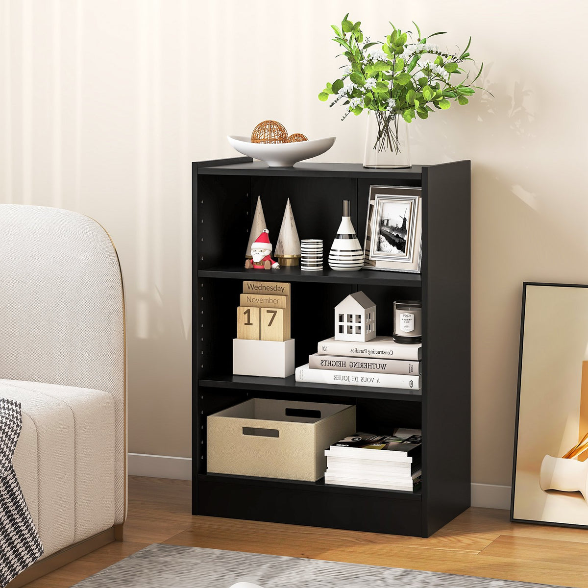 3-Tier Bookcase Open Display Rack Cabinet with Adjustable Shelves-Black view 2