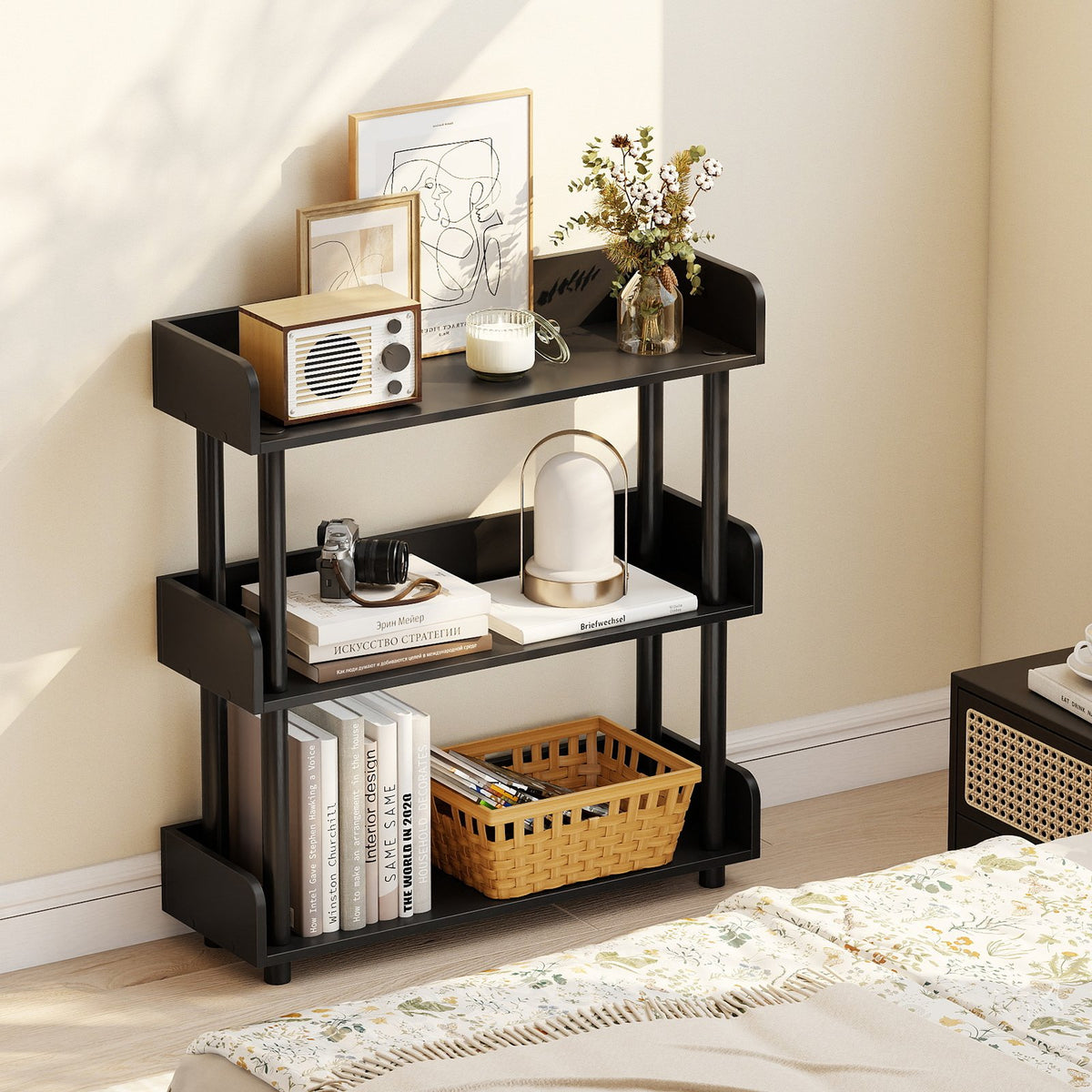 3-Tier Bookshelf with Anti-Tipping Kit and Industrial Storage Unit for Living Room-Black view 3