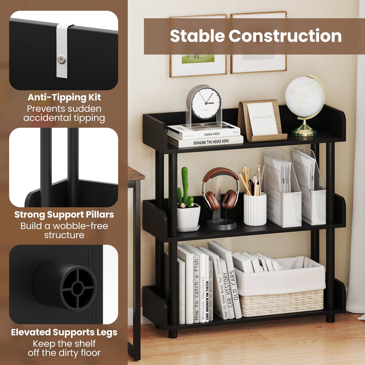 3-Tier Bookshelf with Anti-Tipping Kit and Industrial Storage Unit for Living Room-Black view 7