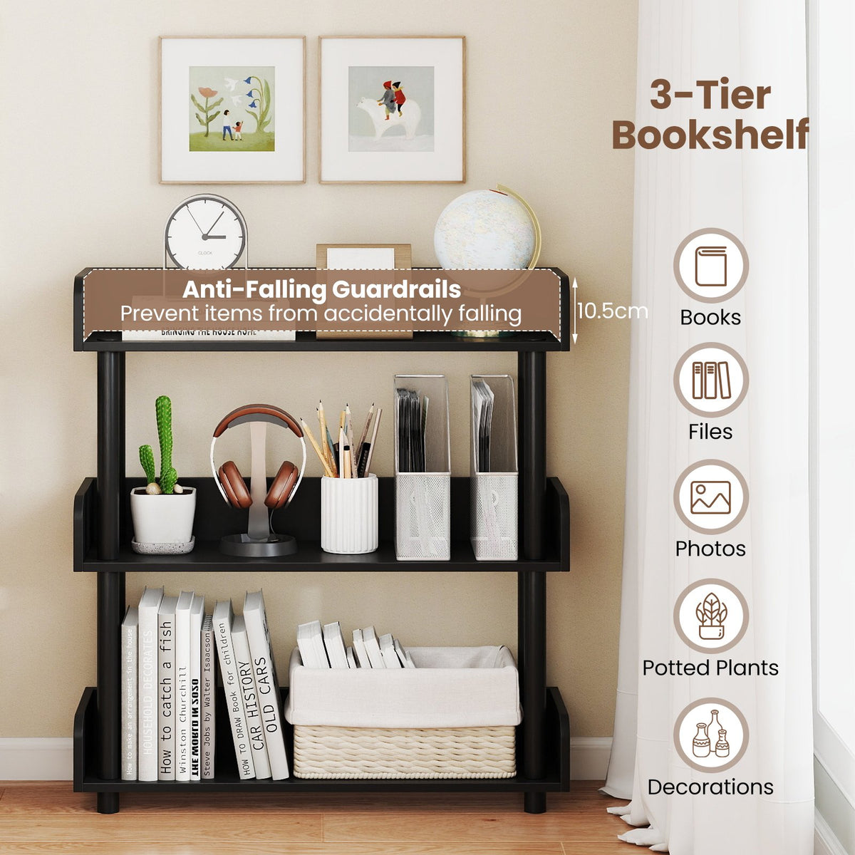 3-Tier Bookshelf with Anti-Tipping Kit and Industrial Storage Unit for Living Room-Black view 9