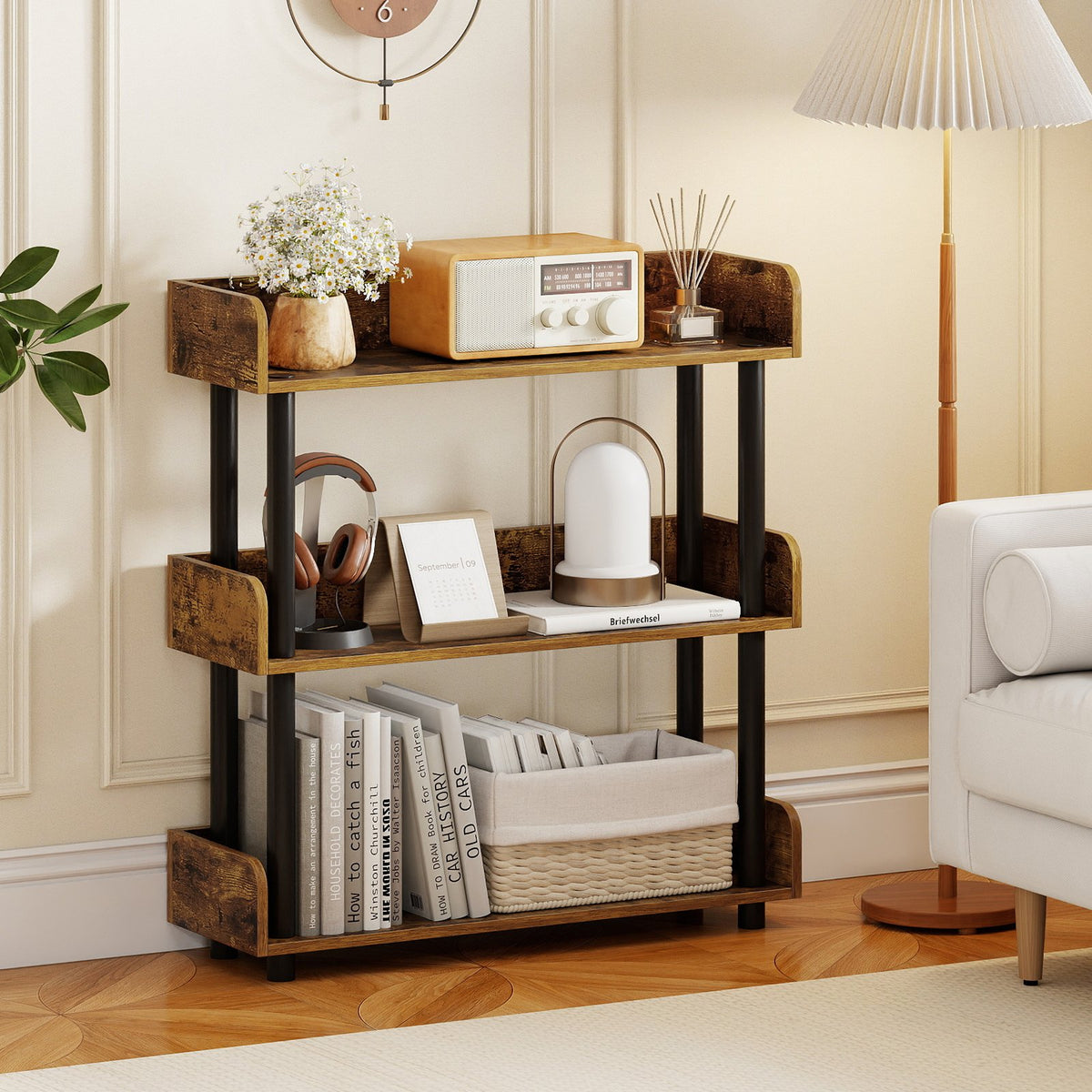 3-Tier Bookshelf with Anti-Tipping Kit and Industrial Storage Unit for Living Room-Rustic Brown view 2