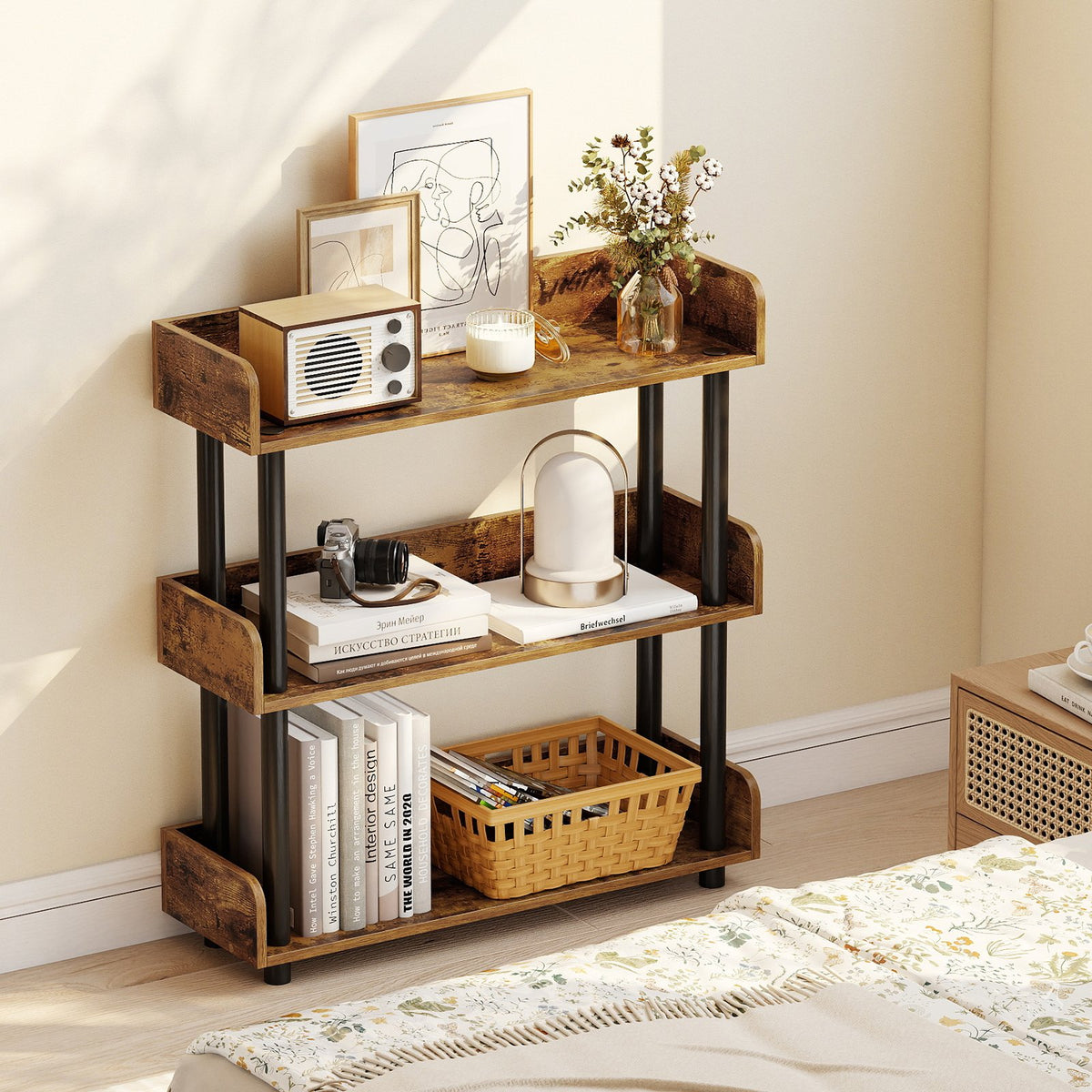 3-Tier Bookshelf with Anti-Tipping Kit and Industrial Storage Unit for Living Room-Rustic Brown view 3