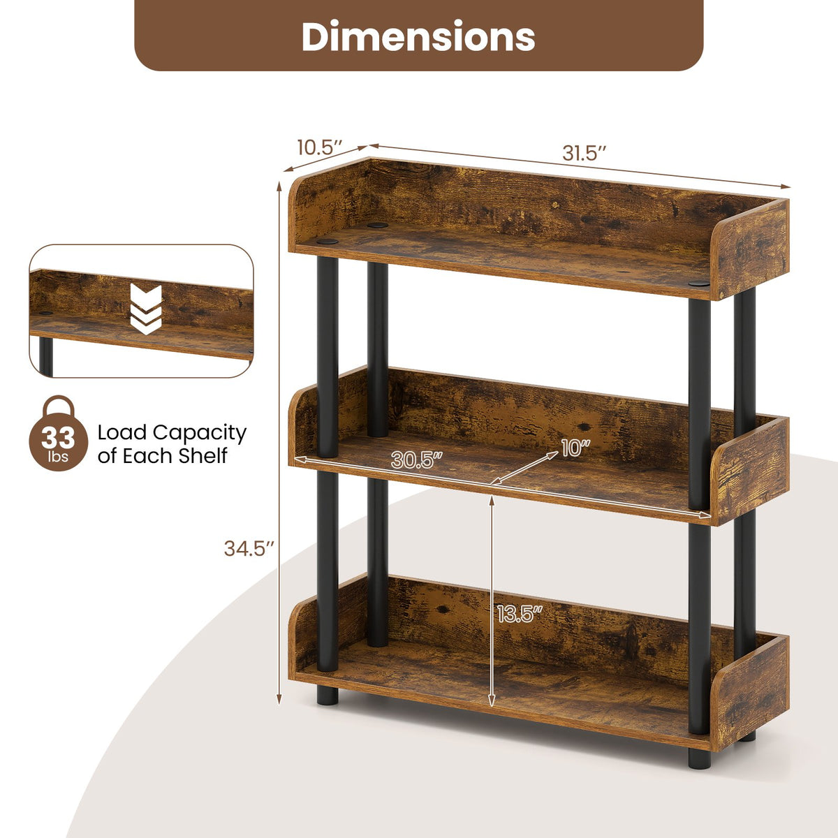 3-Tier Bookshelf with Anti-Tipping Kit and Industrial Storage Unit for Living Room-Rustic Brown view 5