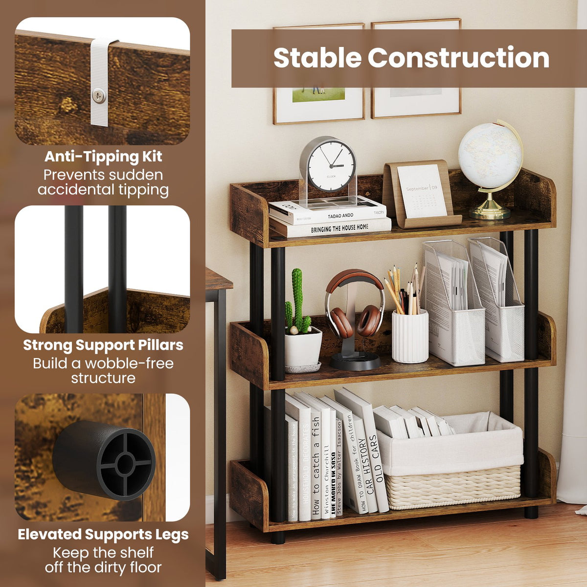 3-Tier Bookshelf with Anti-Tipping Kit and Industrial Storage Unit for Living Room-Rustic Brown view 7
